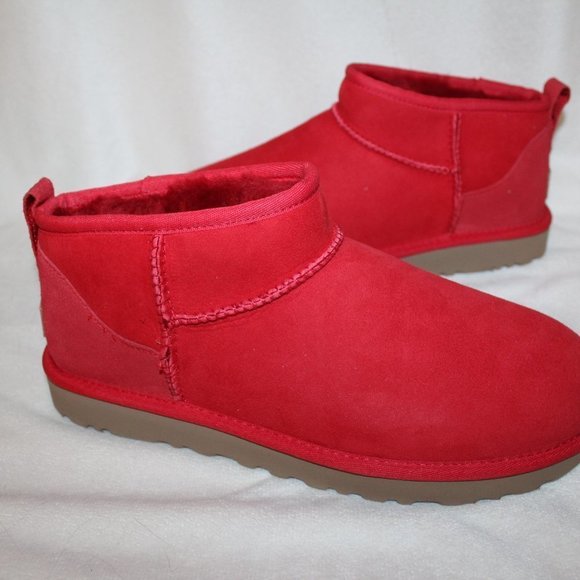 NIB UGG ULTRAMINI SUEDE SHEARLING LINED‎ ANKLE BOOTS RED - Picture 2 of 7